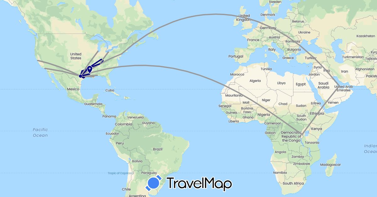 TravelMap itinerary: driving, plane in Qatar, Rwanda, United States (Africa, Asia, North America)